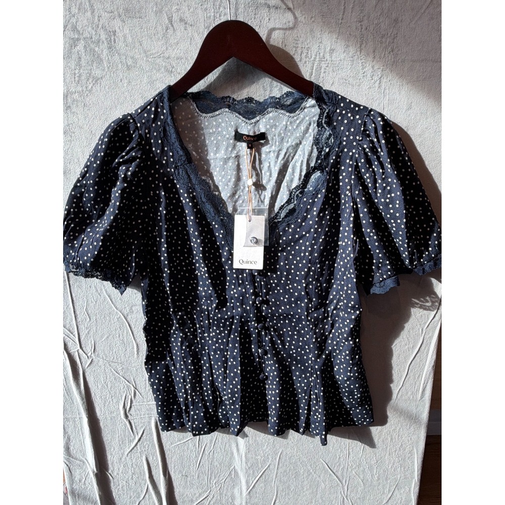 Quince Lightweight Crepe Lace Puff Sleeve Blouse Women S Navy Polka Dot Coquette